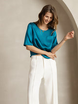 [Bleu Royal] SilkSilky-FR Manches mi-longues Encolure Dégagée Femme T-Shirt 003