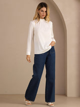 [Blanc] SilkSilky-FR Long Sleeve Stand Collar Blouse 006