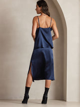[Bleu Foncé] SilkSilky-FR Spaghetti Strap Cowl Neck Top À Fines Brides 002