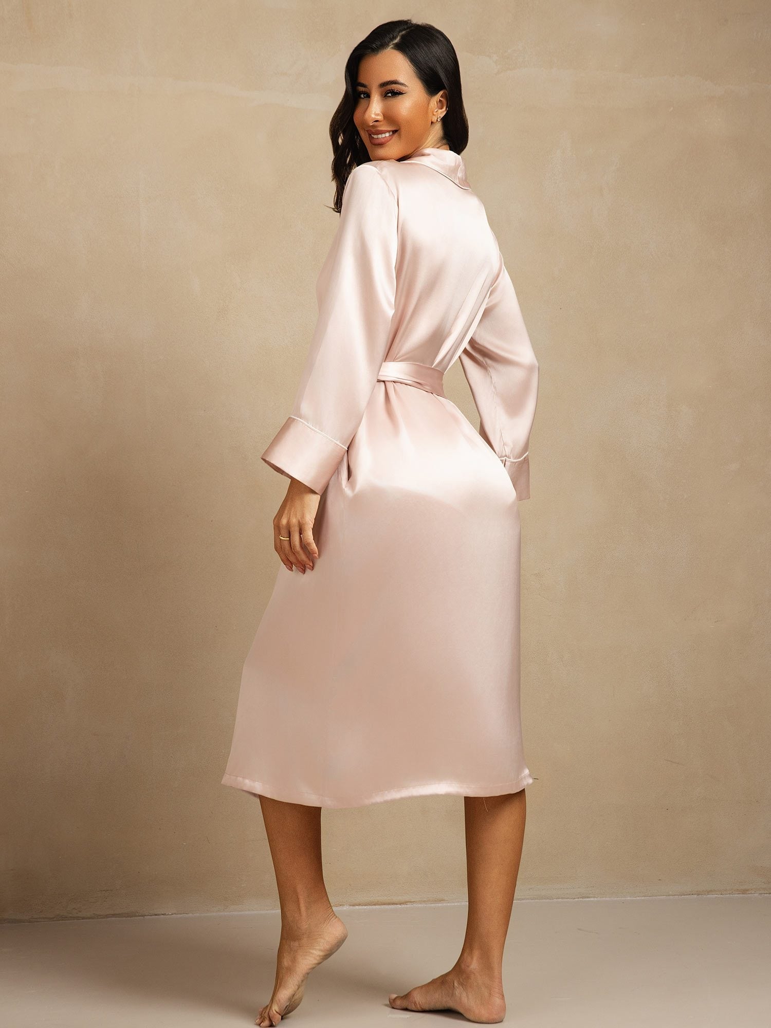 [Rose] SilkSilky-FR Soie Col Chemise Femme Peignoir 002