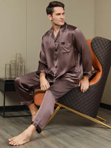 [Café] SilkSilky-FR Pure Soie Manches longues Revers Homme Pyjamas 001