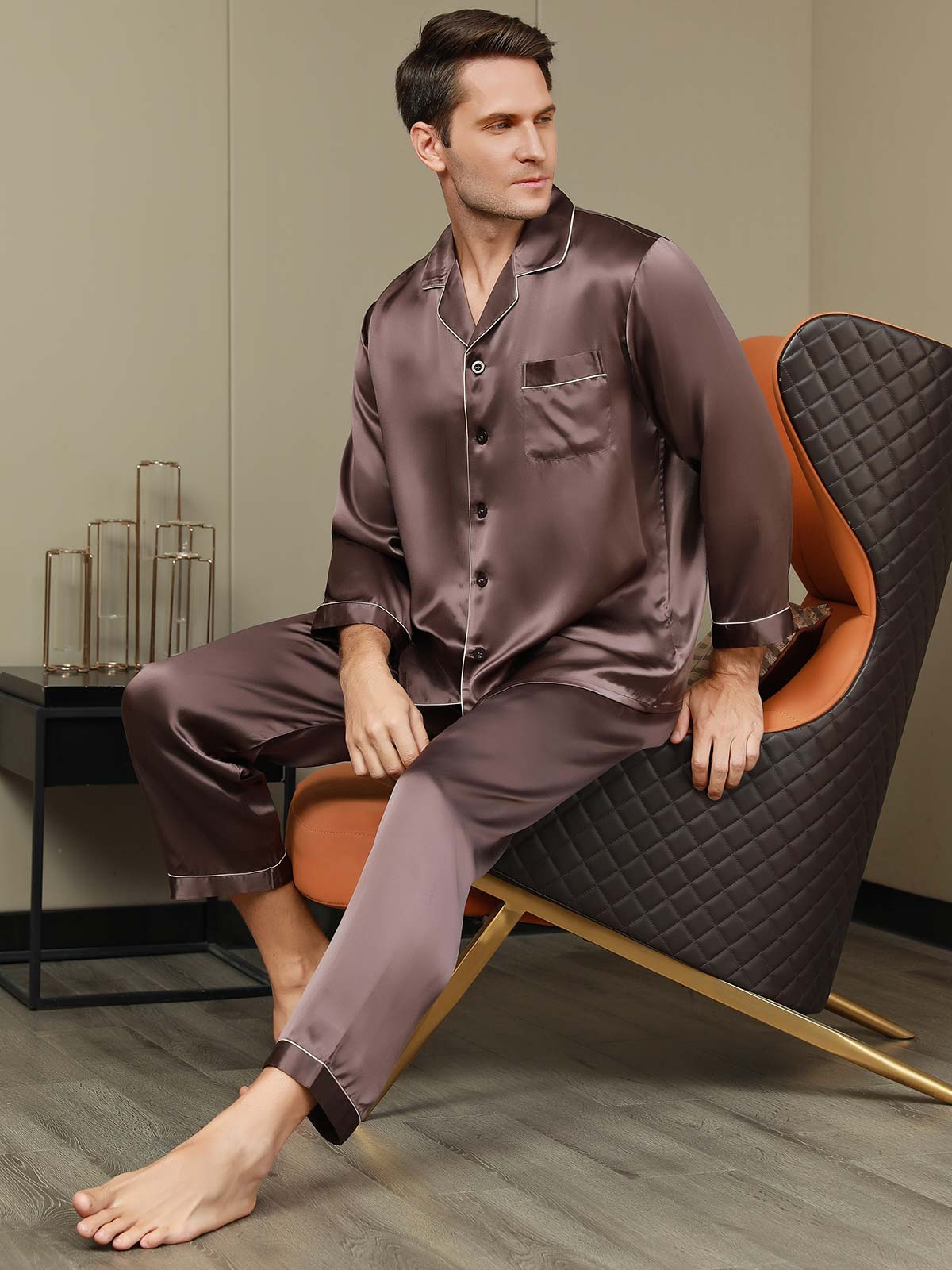 SilkSilky-FR Pure Soie Manches longues Revers Homme Pyjamas Café 001