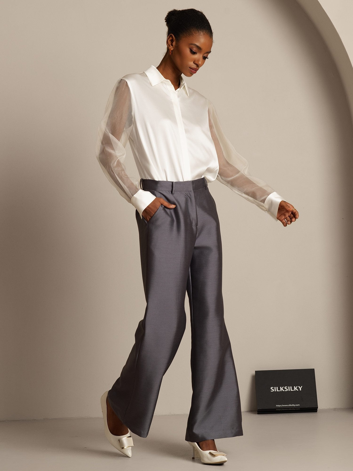 [Gris] SilkSilky-FR 32Momme Soie Womens Pants 008,