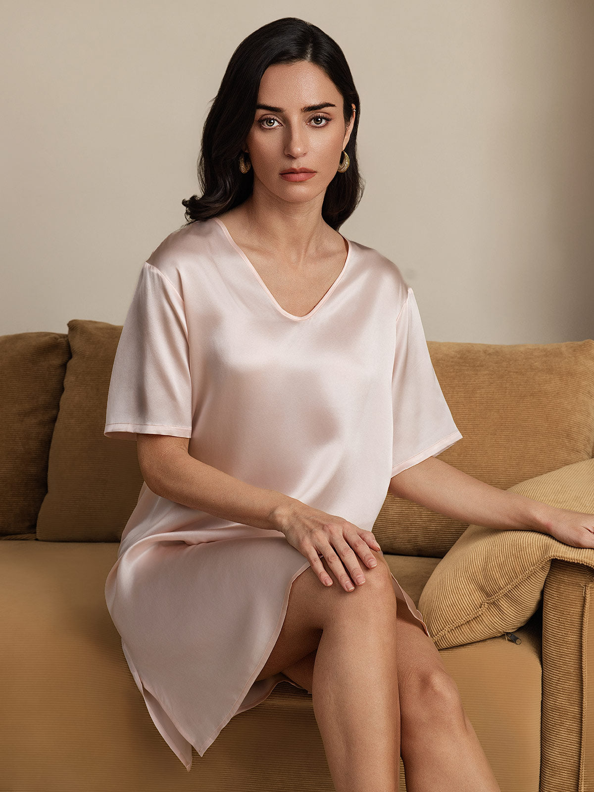 [Rose Clair] SilkSilky-FR Pure Soie Col en V Chemises de nuit 006