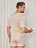 SilkSilky-FR Soie Tricotée Manches courtes Col en V Homme T-Shirt Beige 002