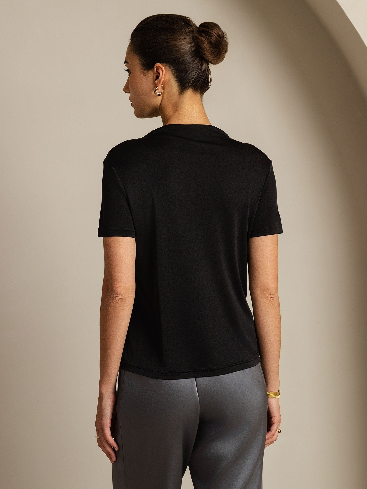 [Noir] SilkSilky-FR Soie Col Chemise Femme T-Shirt 002