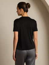 [Noir] SilkSilky-FR 100% Silk Jersey Short Sleeve Mock Neck Femme T-Shirt 002
