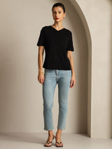 [Noir] SilkSilky-FR Manches courtes Col V Femme T-Shirt 008