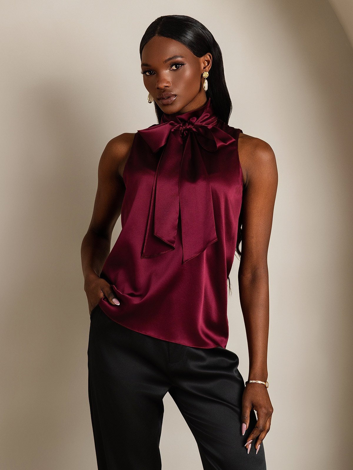 SilkSilky-FR 19Momme Soie Nœud à l'encolure Femme Chemise RougeFoncé 005