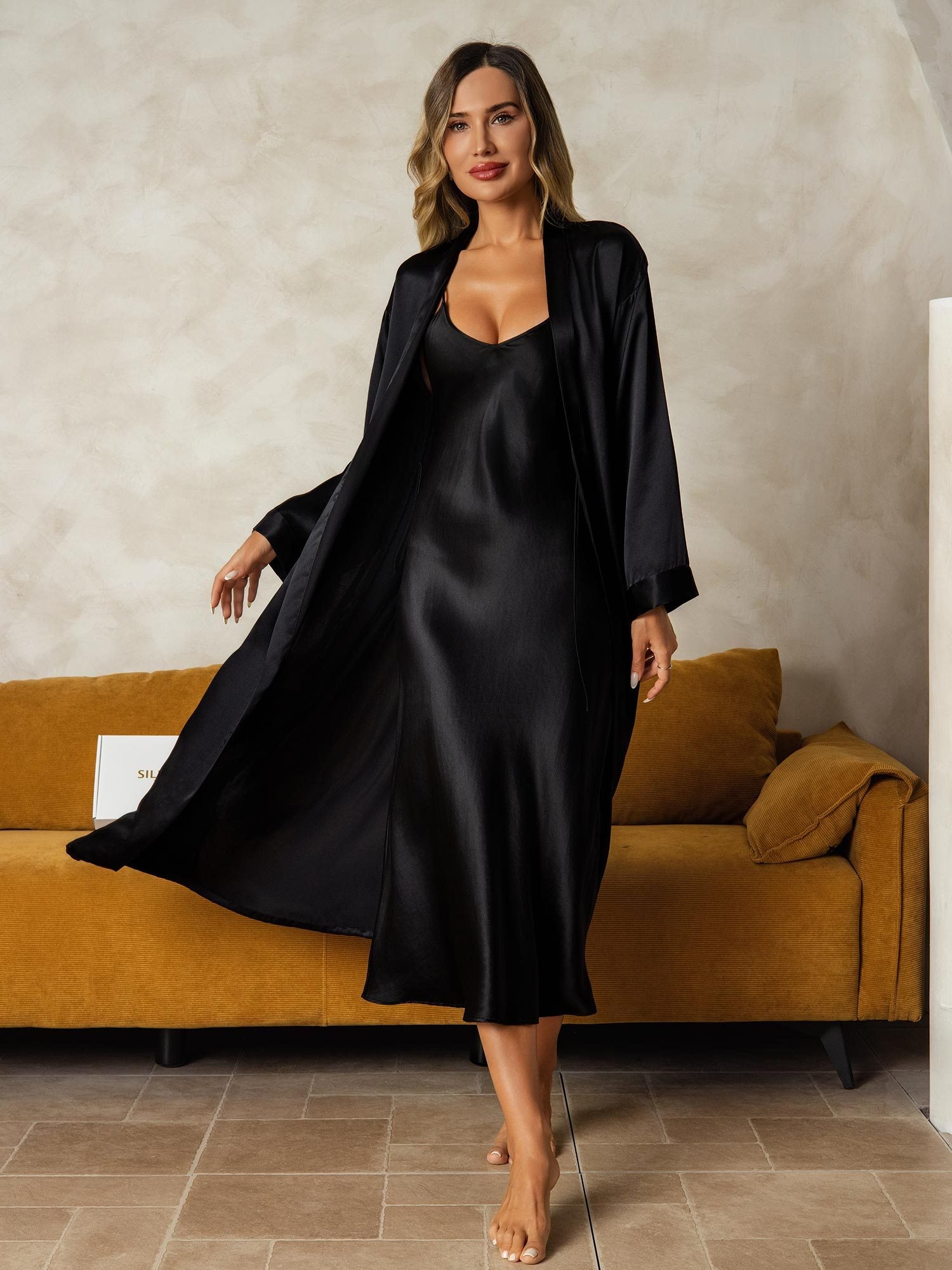 [Noir] SilkSilky-FR Soie Nightgown&Robe Set 001