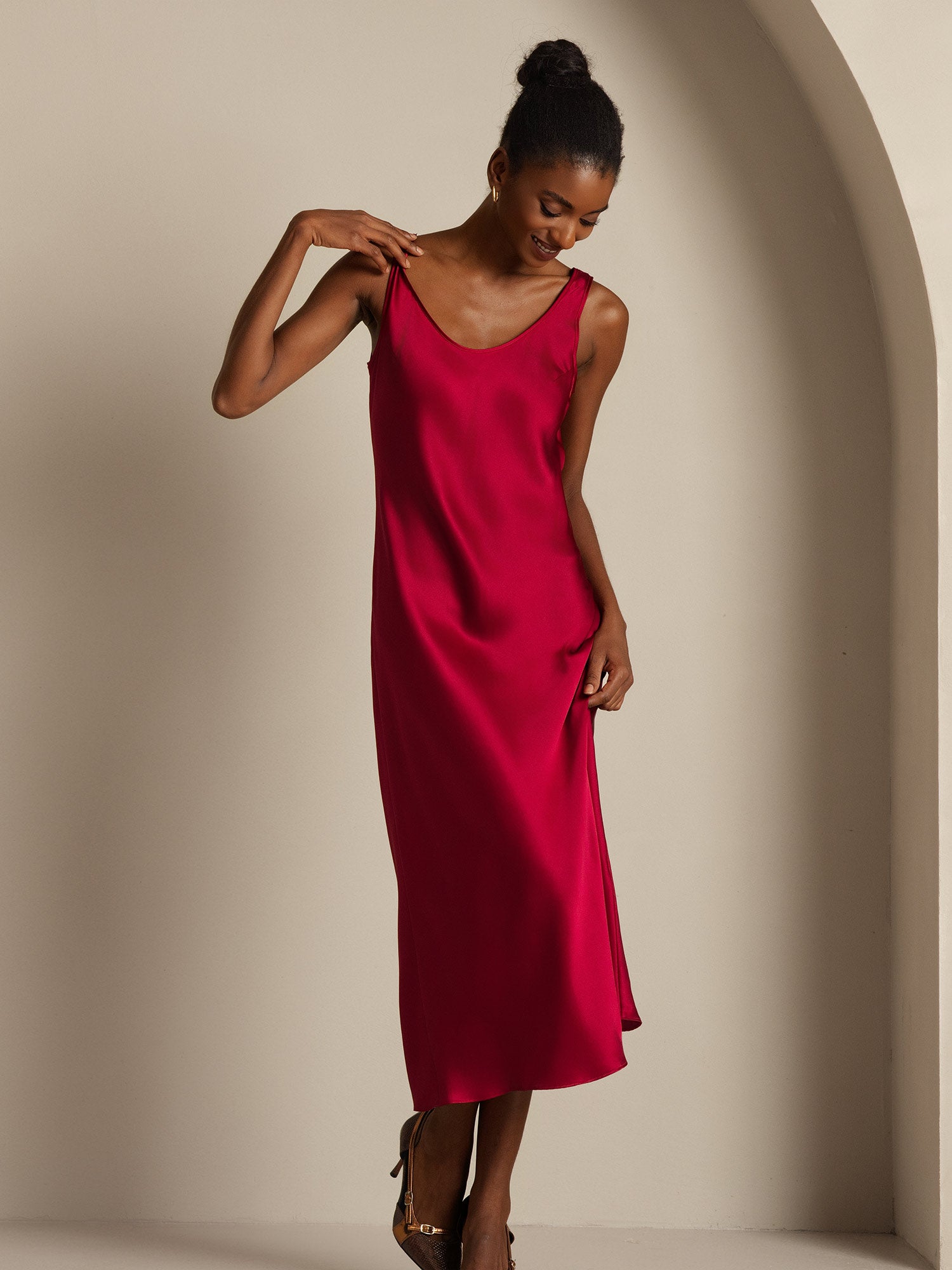 [Rouge Vineux] SilkSilky-FR Pure Soie Col Bateau Robes 005,