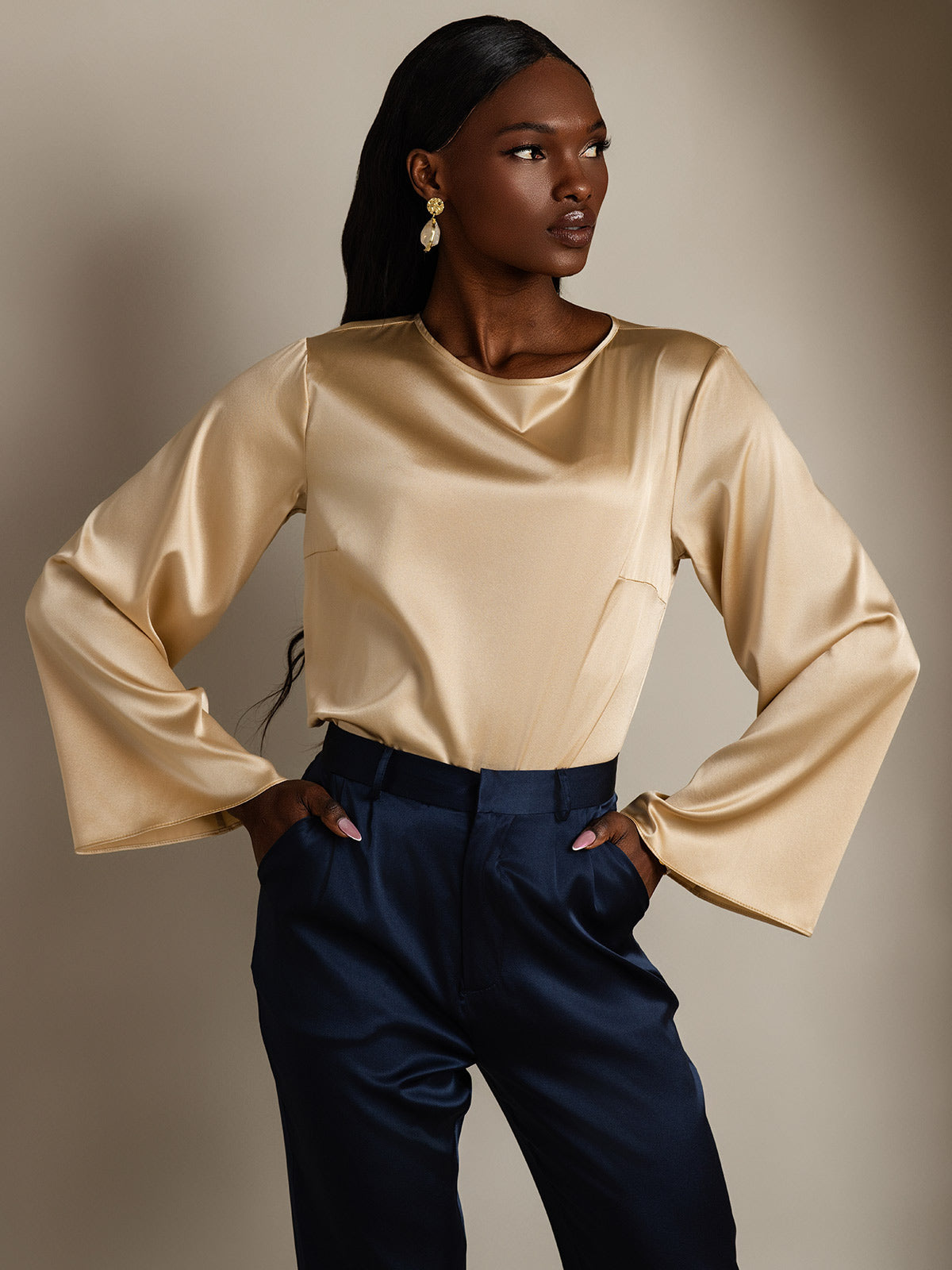 [Champagne] SilkSilky-FR 19Momme Manches longues Col Bateau Blouse 004