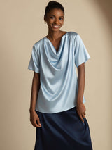 [Bleu Grisâtre] SilkSilky-FR Short Sleeve Cowl Neck Blouse 004