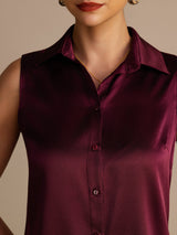 [Rouge Foncé] SilkSilky-FR Sleeveless Lapel Collar Femme Chemise 004