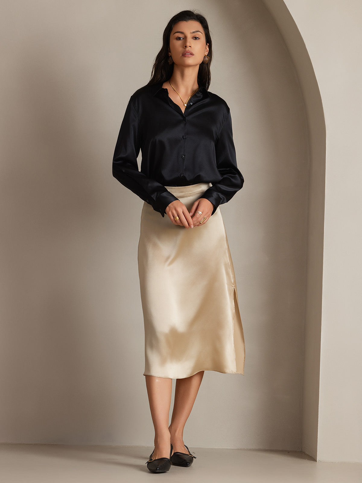 [Noir] SilkSilky-FR Soie Manches longues Col Chemise Femme Chemise 004