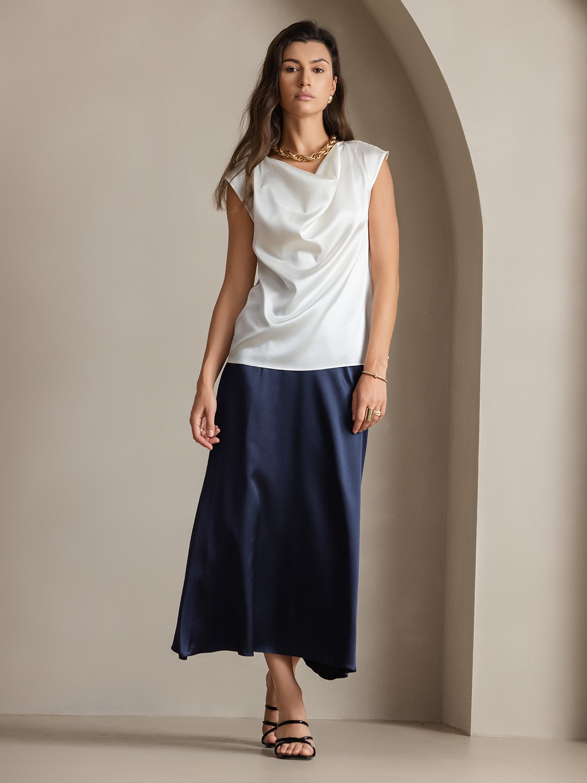 [Blanc] SilkSilky-FR 19Momme Soie Sans manches Col Bénitier Femme T-Shirt 007