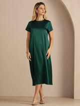 [Vert Foncé] SilkSilky-FR Short Sleeve Round Neck Robes 005
