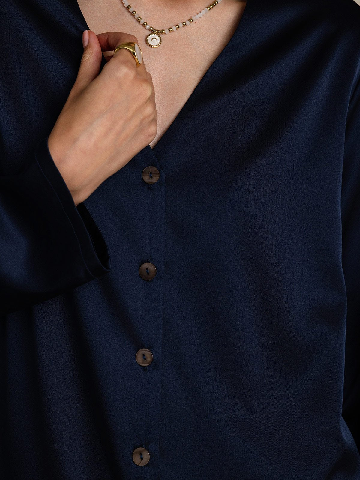 [Bleu Foncé] SilkSilky-FR 19Momme Soie Col en V Femme Chemise 007