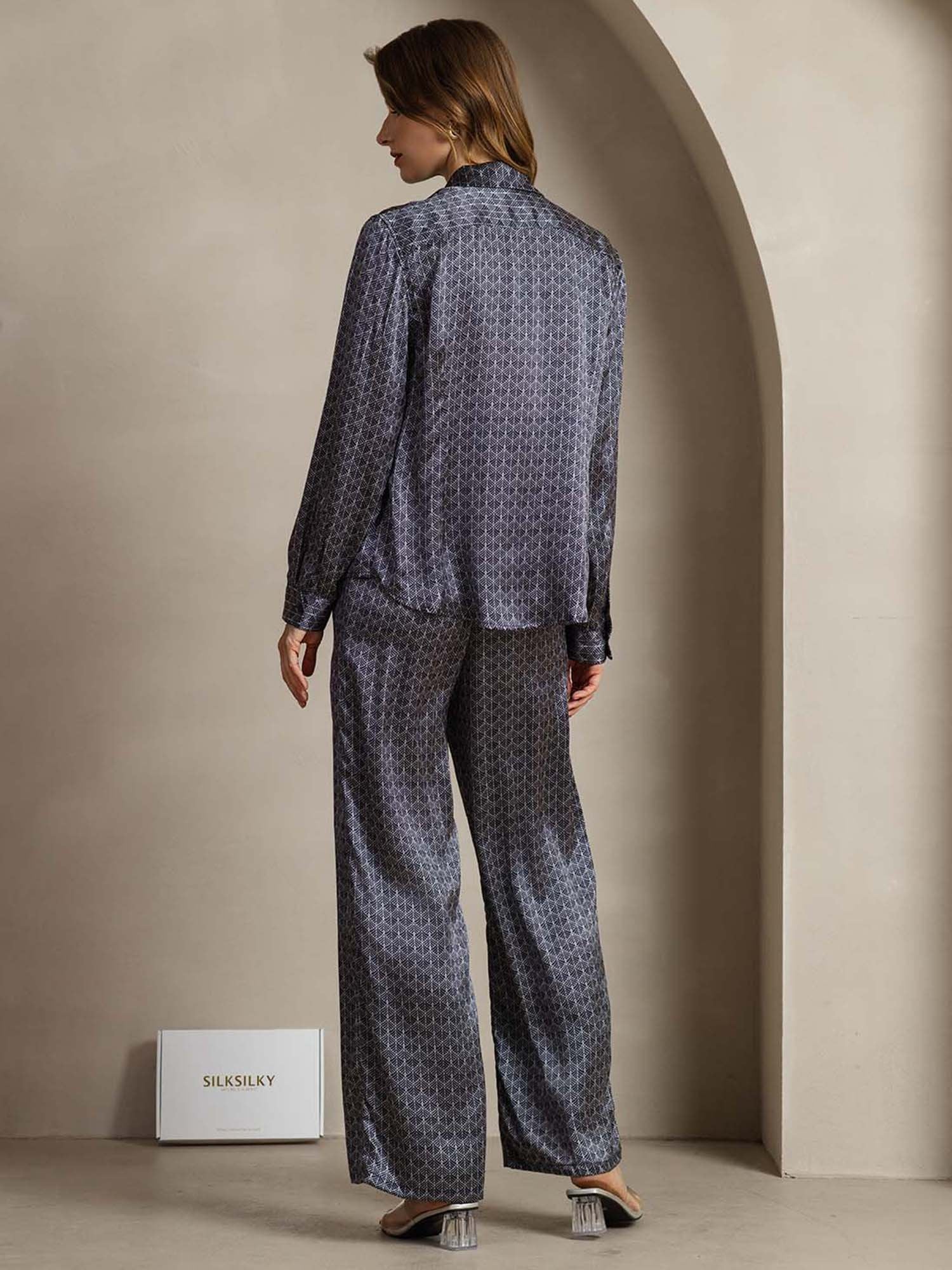 [Ginkgo Marine] SilkSilky-FR 19Momme Soie Col Chemise Women''s Outfit Sets 004,