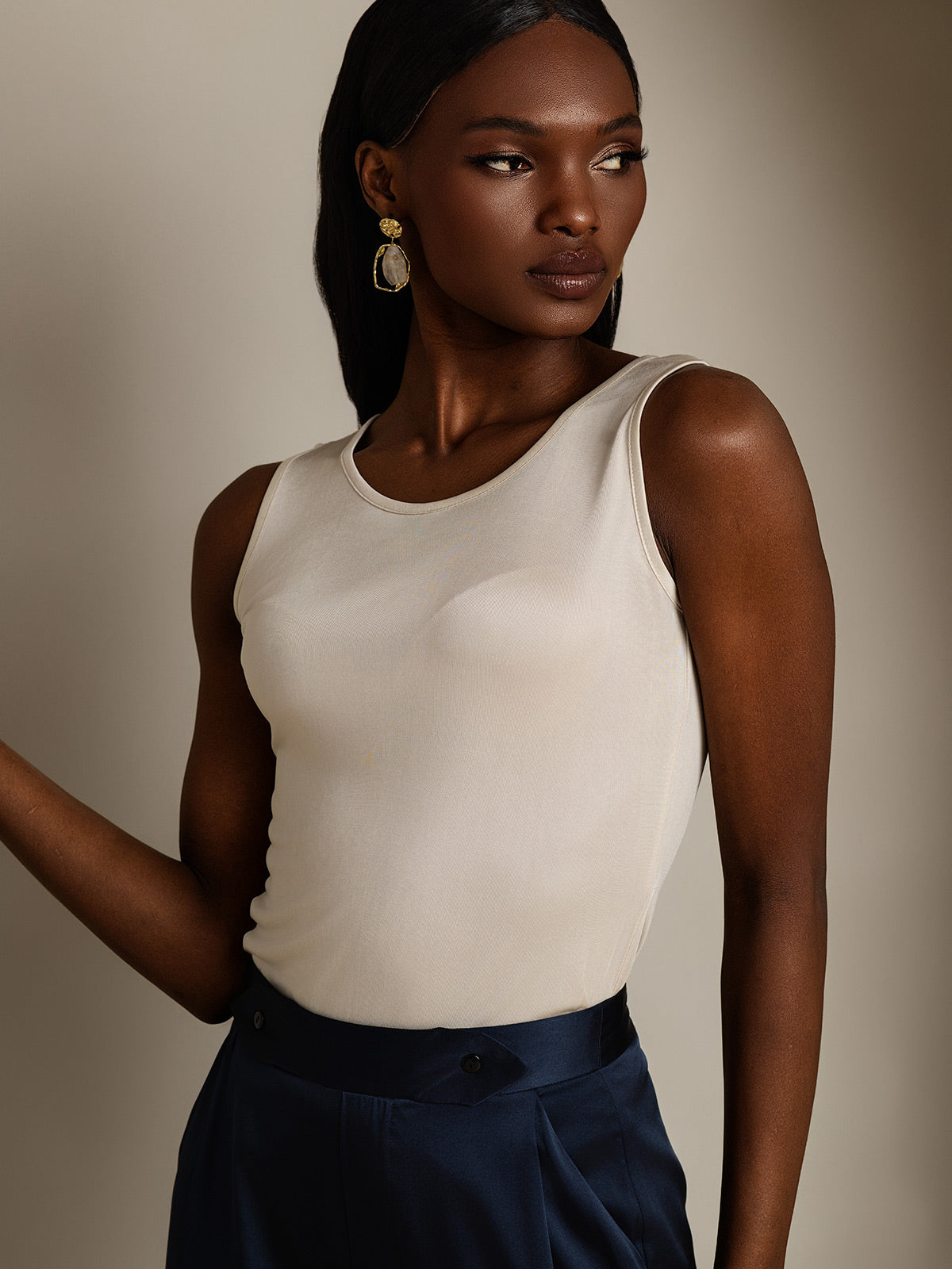 [Beige] SilkSilky-FR Soie Tricotée Col Rond Femme T-Shirt 004