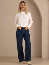 [Blanc] SilkSilky-FR Long Sleeve Stand Collar Blouse 007
