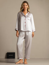 [Argent] SilkSilky-FR Manches longues Col Cranté Femme Pyjamas 001