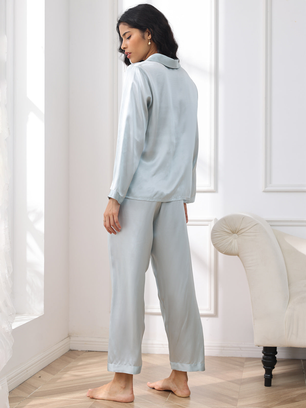 [Bleu Clair] SilkSilky-FR Long Sleeve Lapel Collar Femme Pyjamas 002