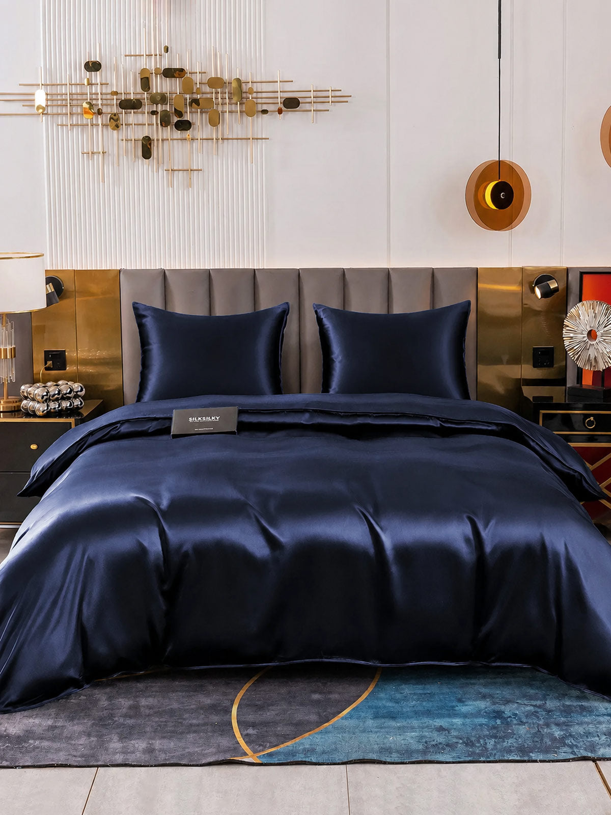 [Bleu Foncé] SilkSilky-FR Parure de Lit Soie 001