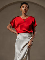 [Rouge Vineux] SilkSilky-FR Short Sleeve Boat Neck Femme T-Shirt 003