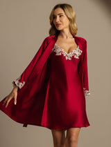 [Rouge Vineux] SilkSilky-FR 3/4 Sleeve V Neck Peignoir&Robe de Chambre 001
