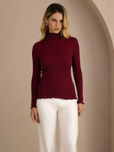 [Rouge Vineux] SilkSilky-FR Long Sleeve Turtle Neck Femme T-Shirt 001