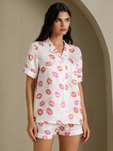 [Rouge À Lèvres Blanc] SilkSilky-FR Short Sleeve Notch Collar Femme Pyjamas 001