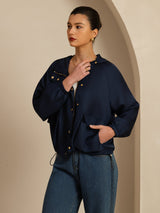 [BleuFoncé] SilkSilky-FR Manches longues Col Haut Femme Manteaux 005
