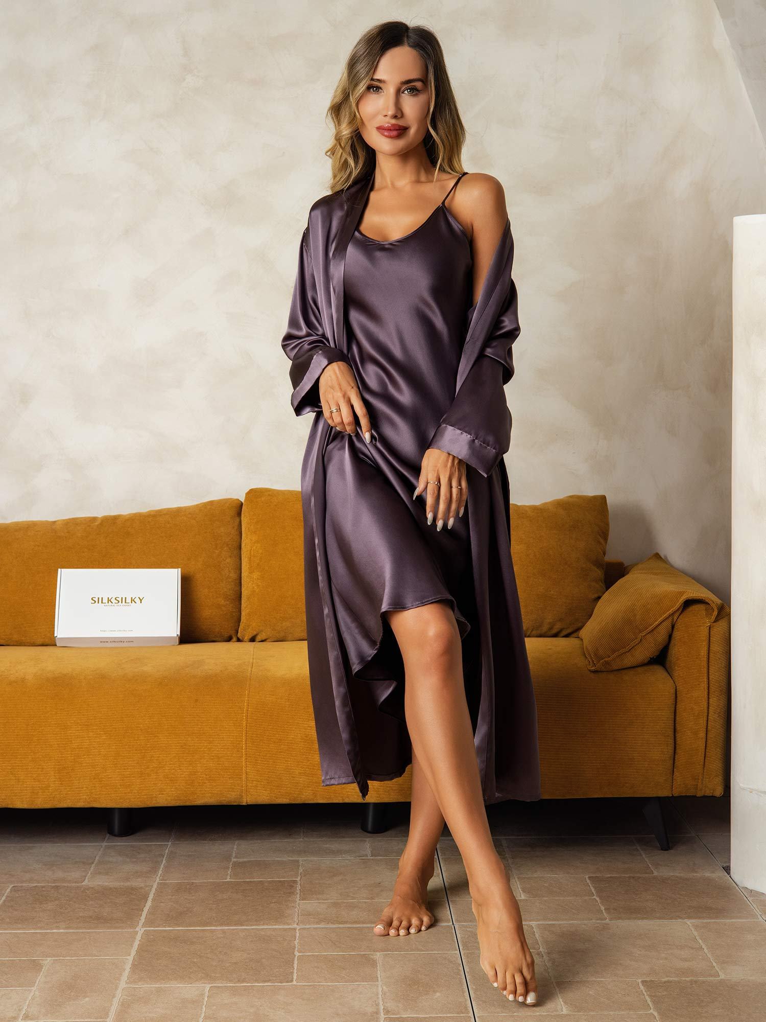 [GrisPourpre] SilkSilky-FR Soie Nightgown&Robe Set 005
