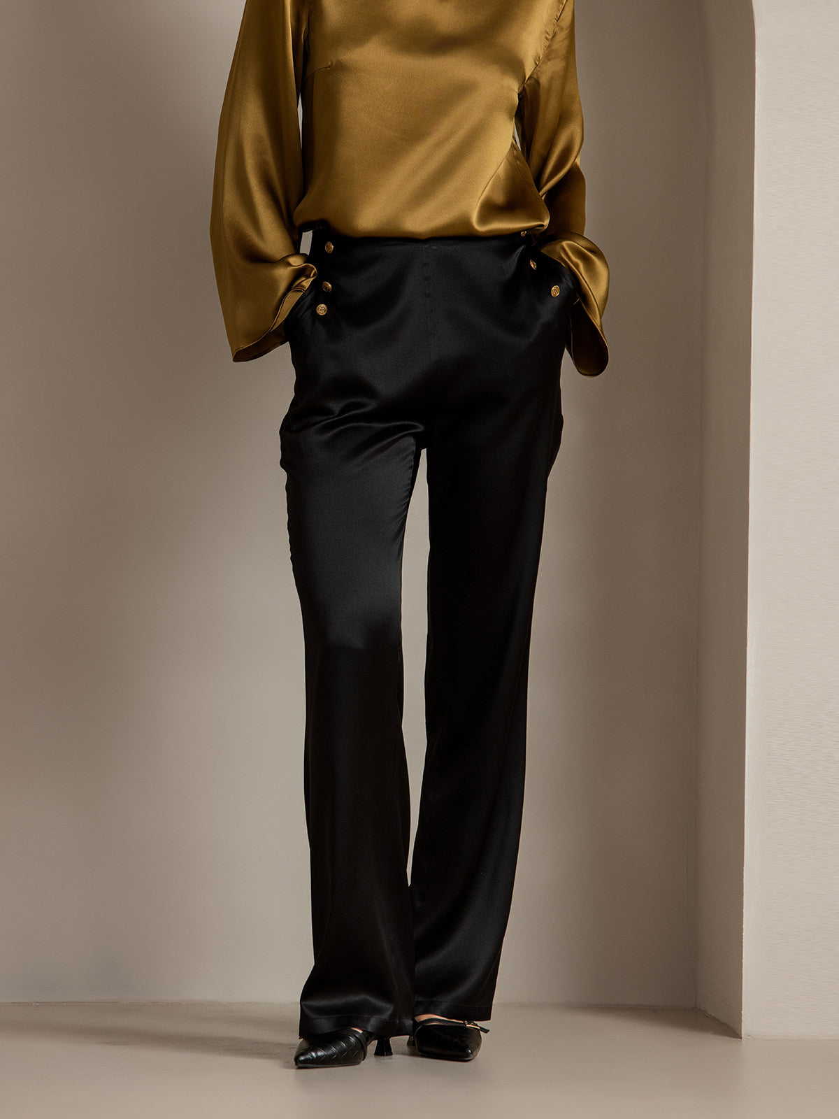 [Noir] SilkSilky-FR 19Momme Soie Womens Pants 004