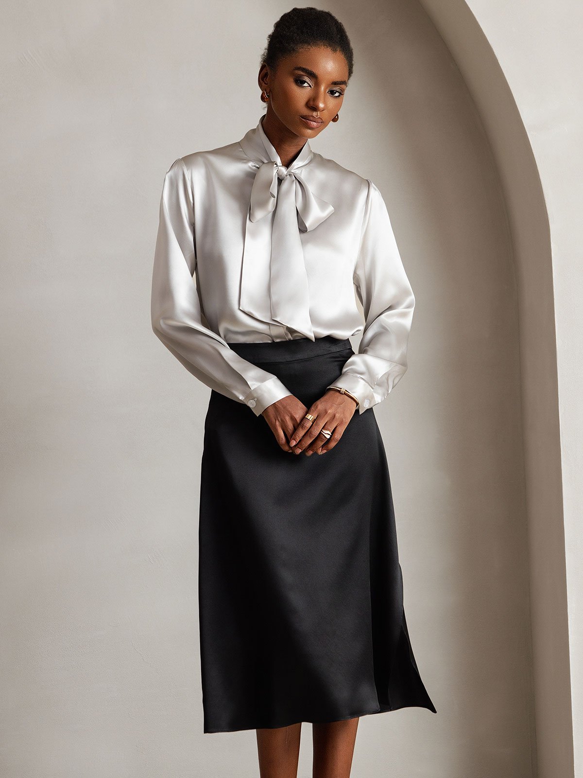 [Gris Clair] SilkSilky-FR 19Momme Manches longues À Nouer Blouse 006