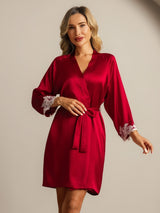 [Rouge Vineux] SilkSilky-FR 3/4 Sleeve Femme Peignoir 004