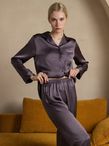[Gris Pourpre] SilkSilky-FR Long Sleeve Lapel Collar Femme Pyjamas 004