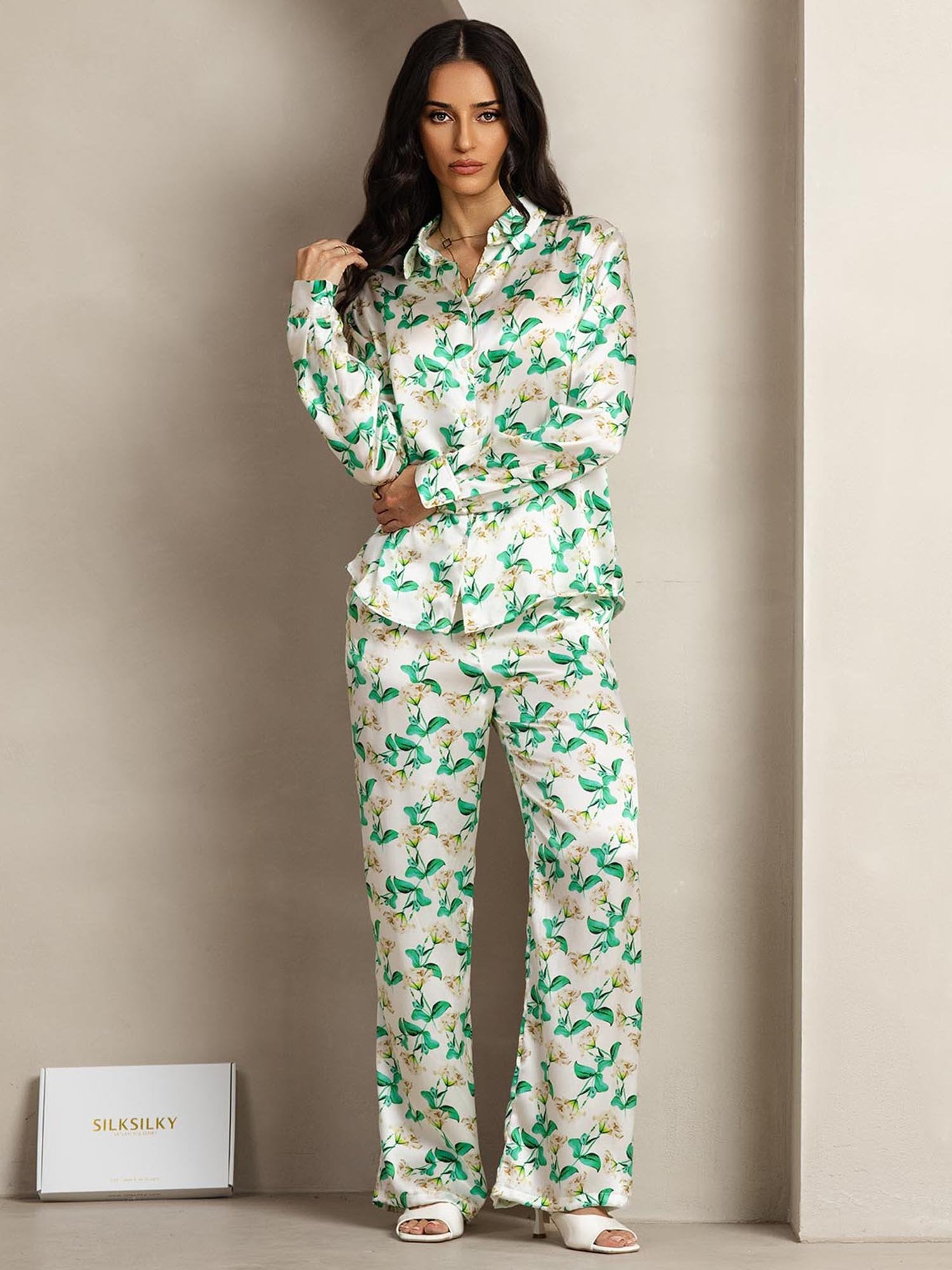 [FloralVert] SilkSilky-FR 19Momme Soie Col Chemise Women''s Outfit Sets 004