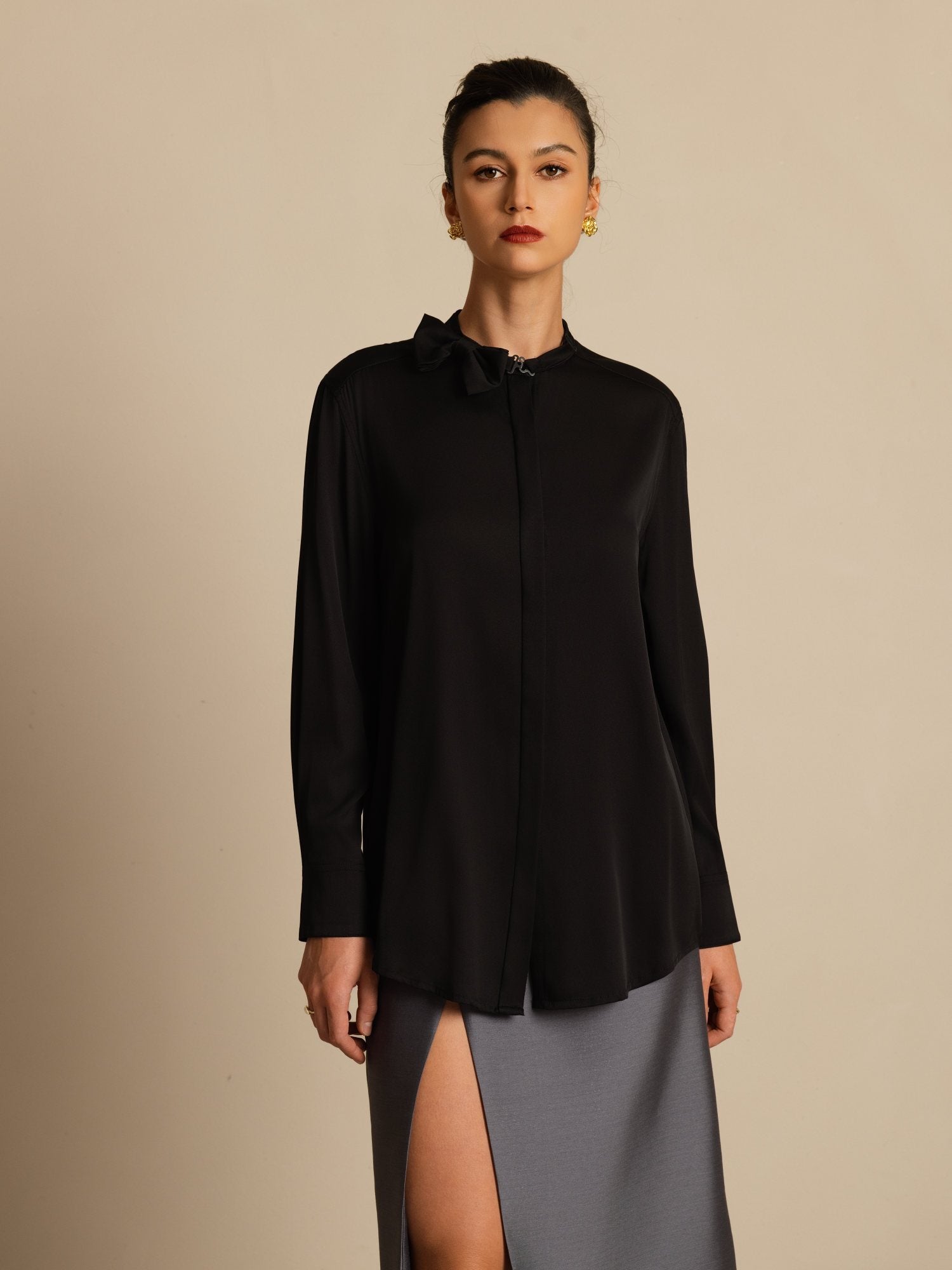 [Noir] SilkSilky-FR 19Momme Soie Manches longues Col Montant Blouse 001