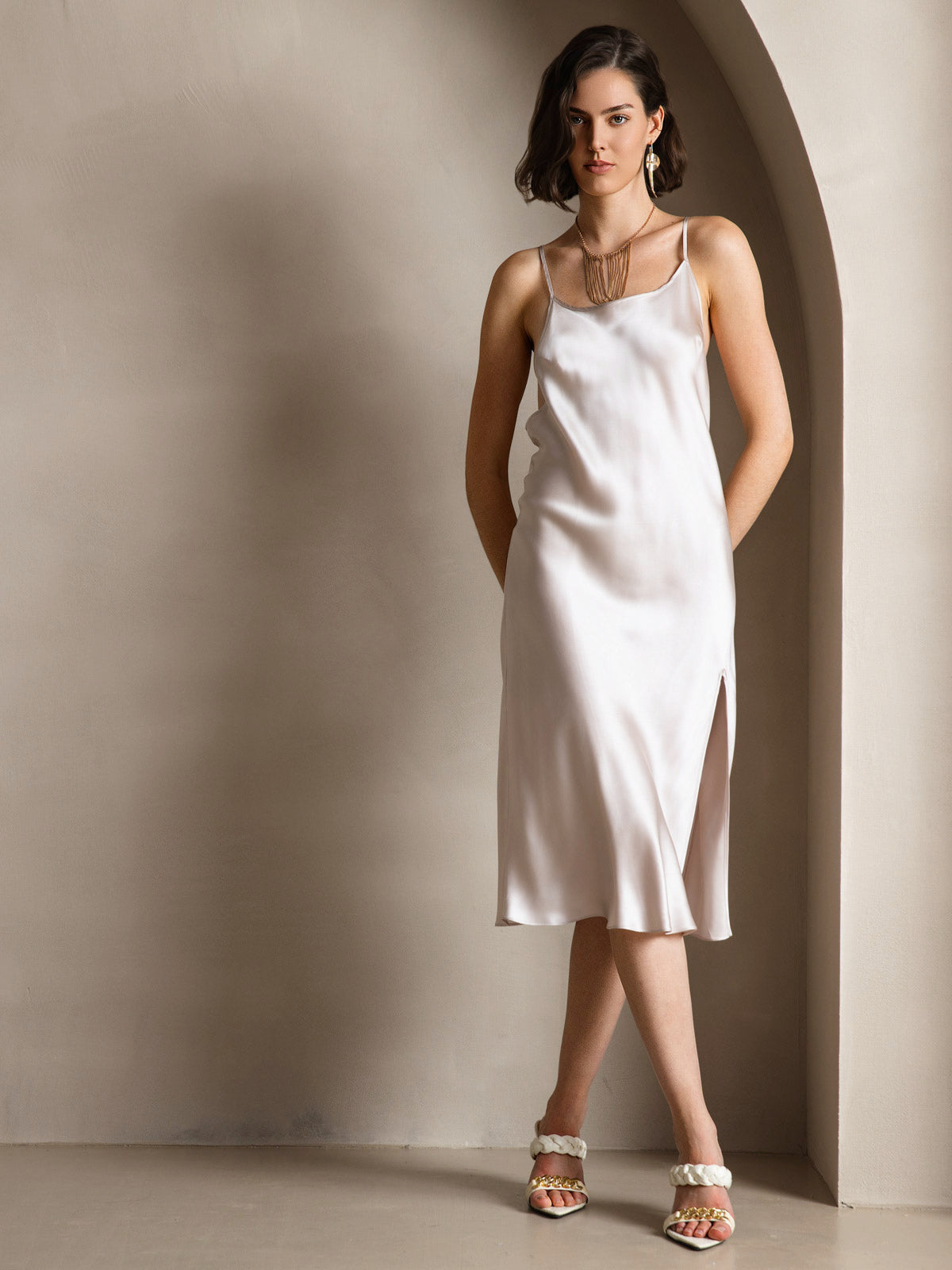 [Beige] SilkSilky-FR Pure Soie Col Rond Robes 001