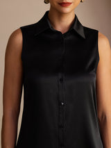 [Noir] SilkSilky-FR Sleeveless Lapel Collar Femme Chemise 004