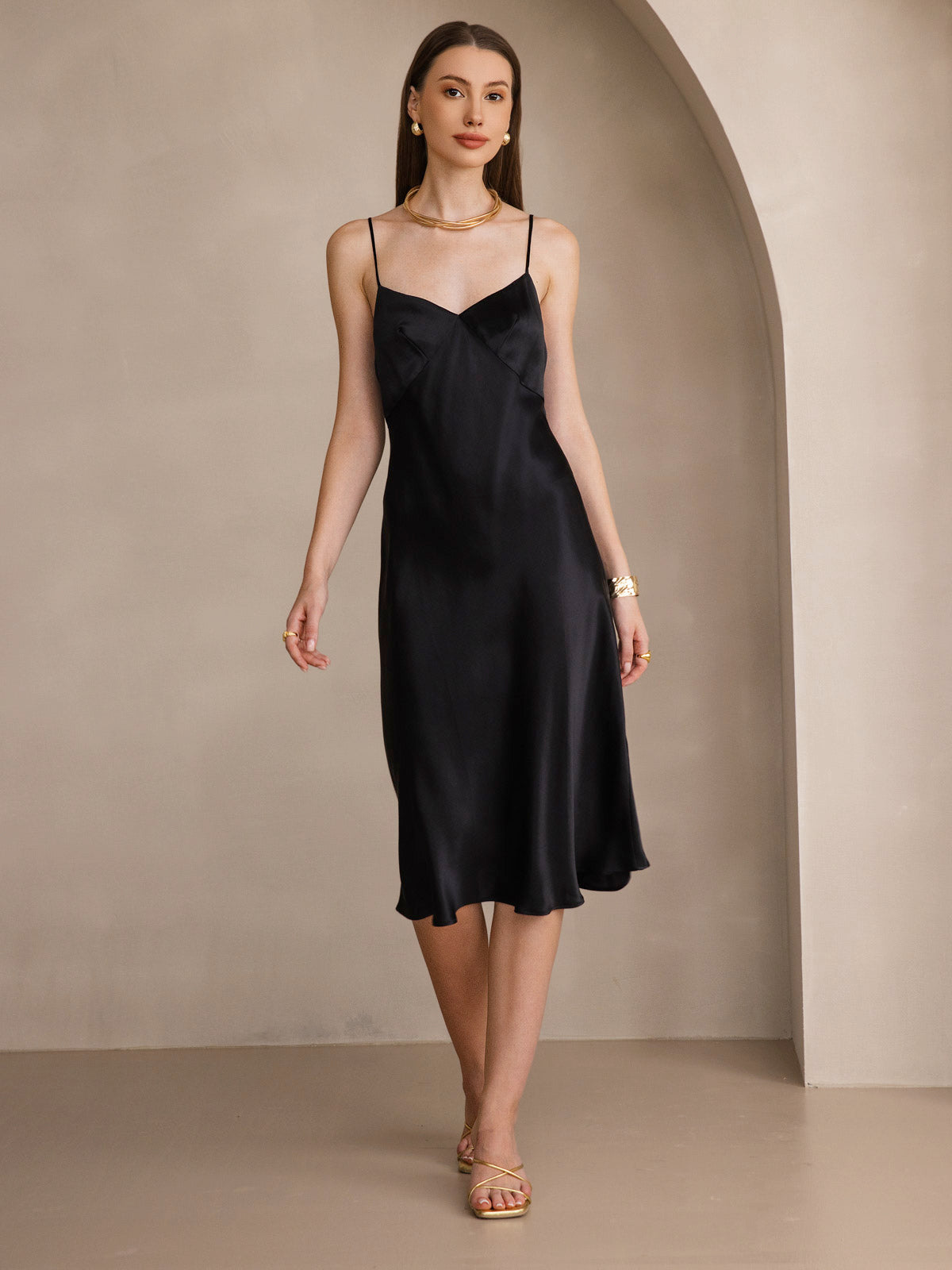 [Noir] SilkSilky-FR 19Momme Pure Soie Col en V Robes 001