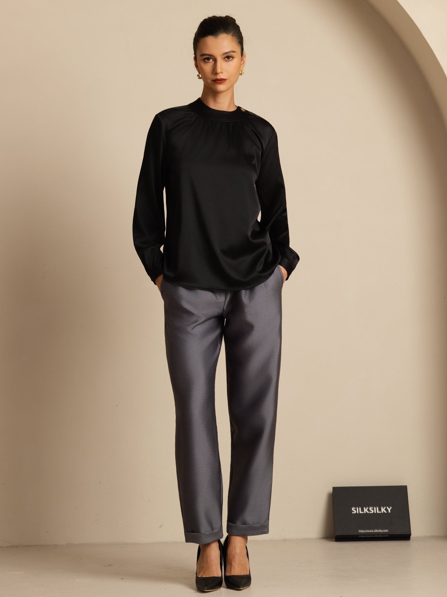 [Noir] SilkSilky-FR 19Momme Soie Manches longues Col Rond Blouse 008