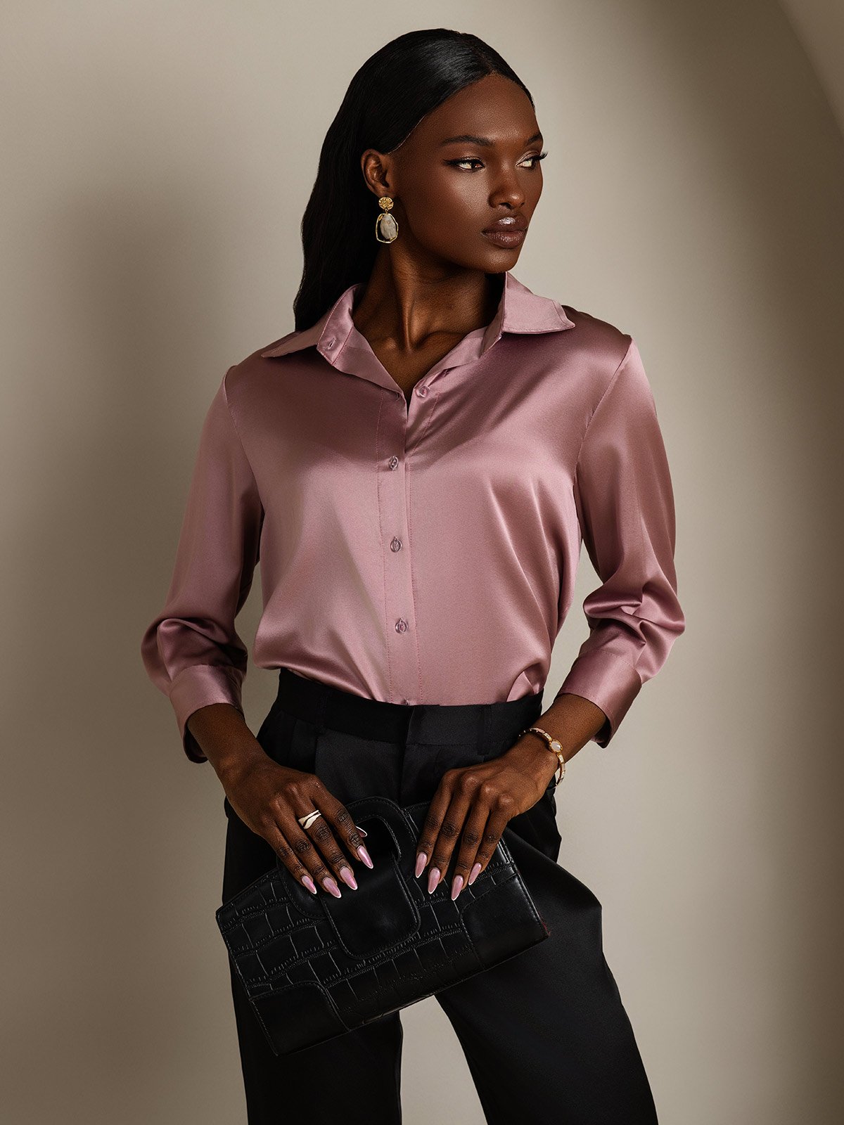 SilkSilky-FR 19Momme Soie Manches longues Revers Femme Chemise MauvePâle 005