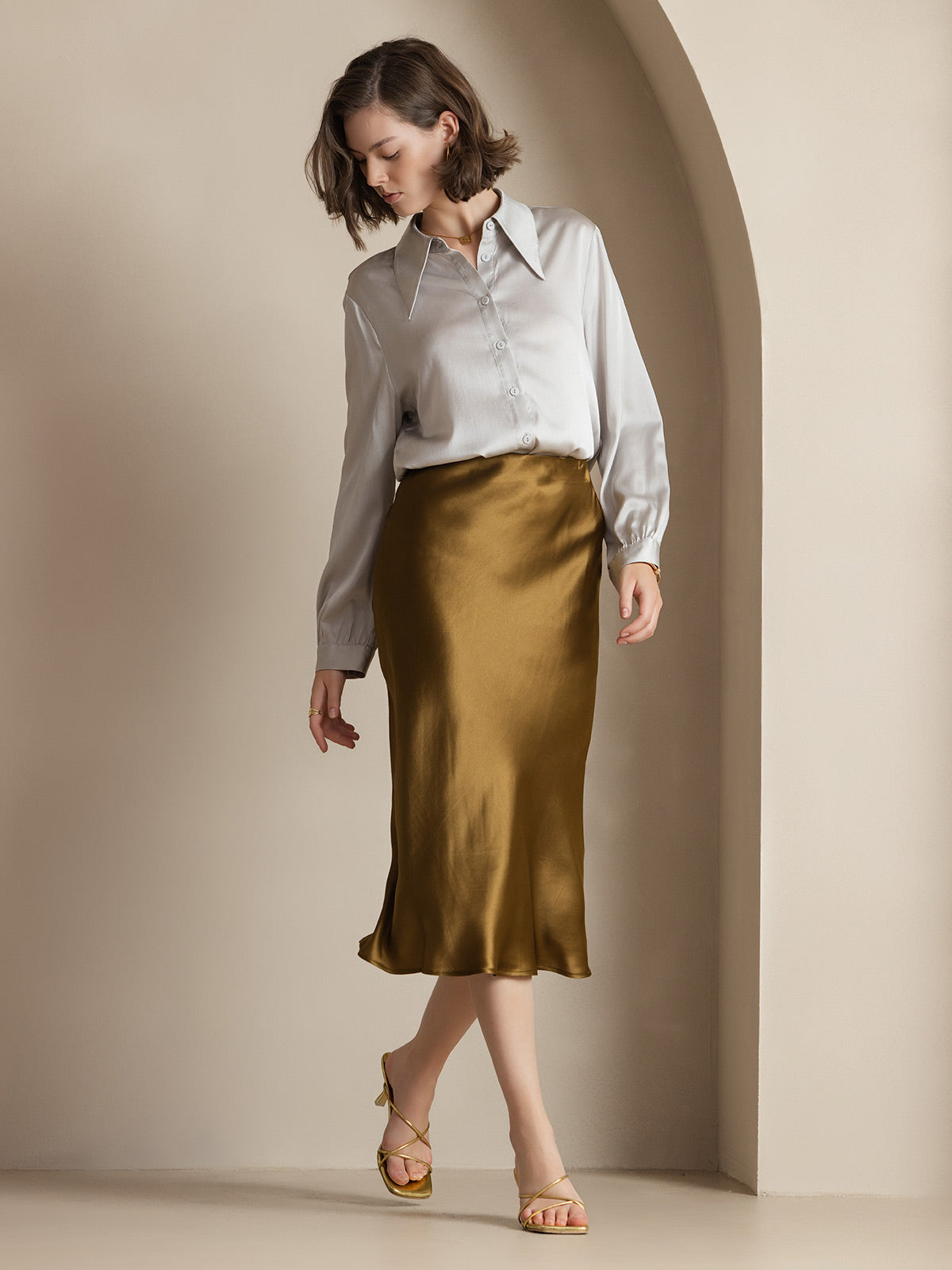 [Brun] SilkSilky-FR 19Momme Pure Soie Skirt 001