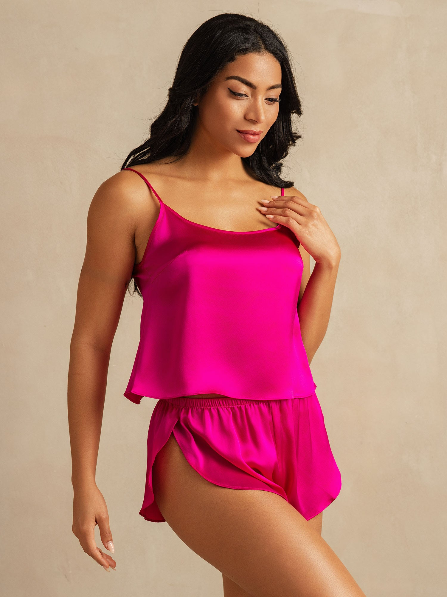[Rose Rouge] SilkSilky-FR Pure Soie Col Rond Ensemble Camisole 003