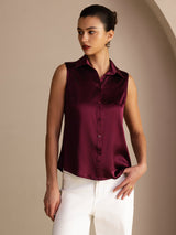 [Rouge Foncé] SilkSilky-FR Sleeveless Lapel Collar Femme Chemise 003