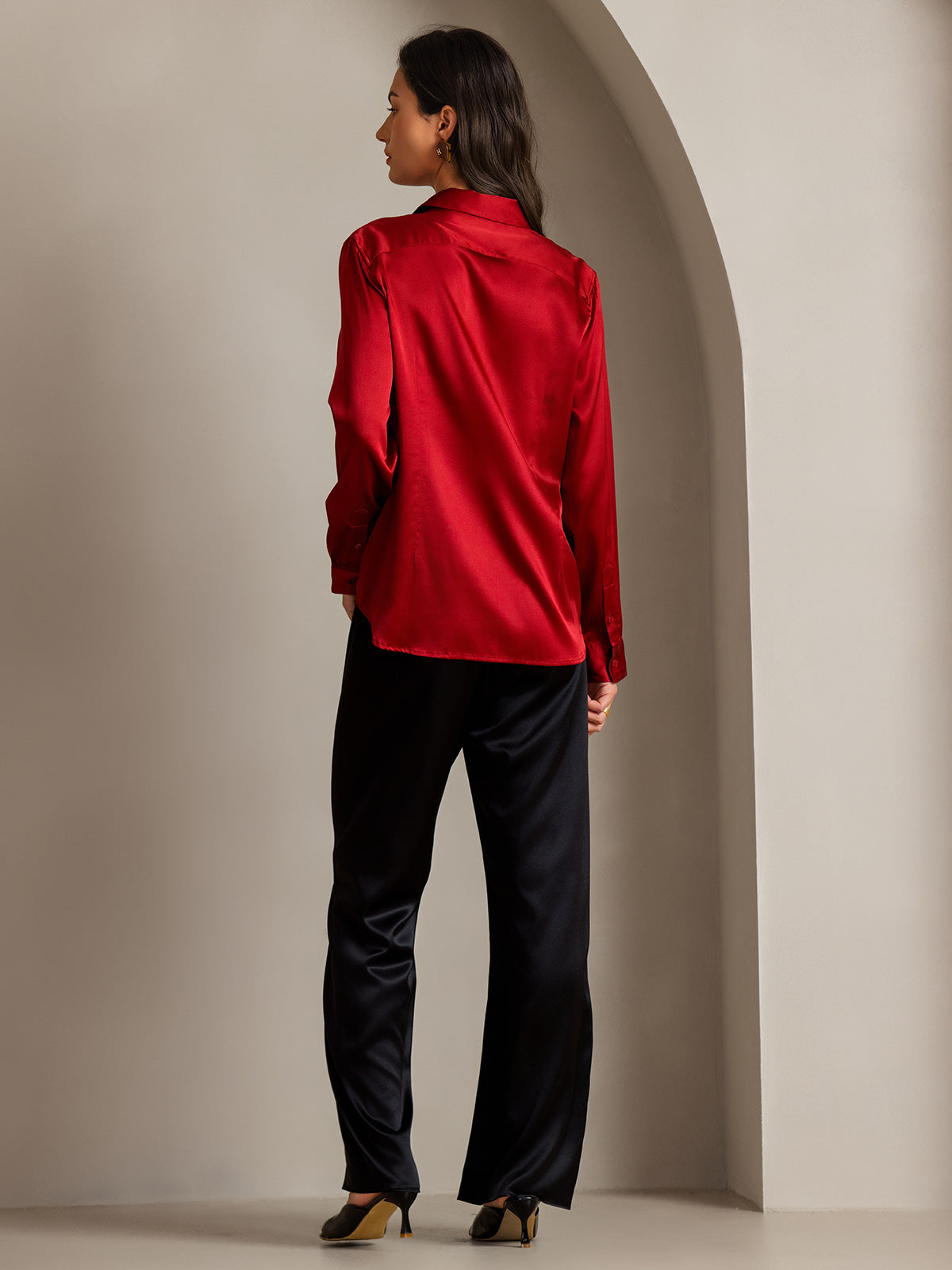 [Rouge] SilkSilky-FR Soie Manches longues Col Chemise Femme Chemise 002