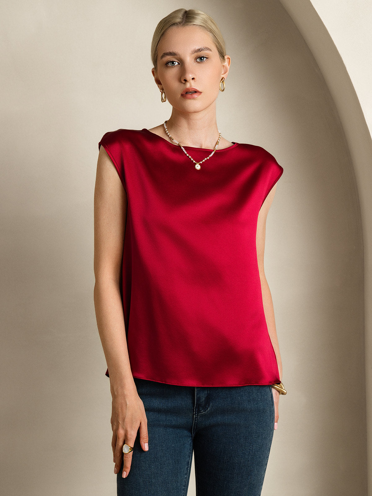 [Rouge Vineux] SilkSilky-FR 19Momme Soie Col Rond Femme T-Shirt 001